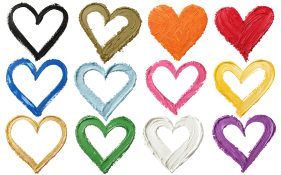 Colorful love hearts made of rough strokes isolated on a white background