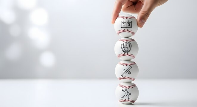 Hand stacking baseballs with game icons for sports strategy, planning, and analysis. Conceptual image for building a winning game plan - Powered by Adobe