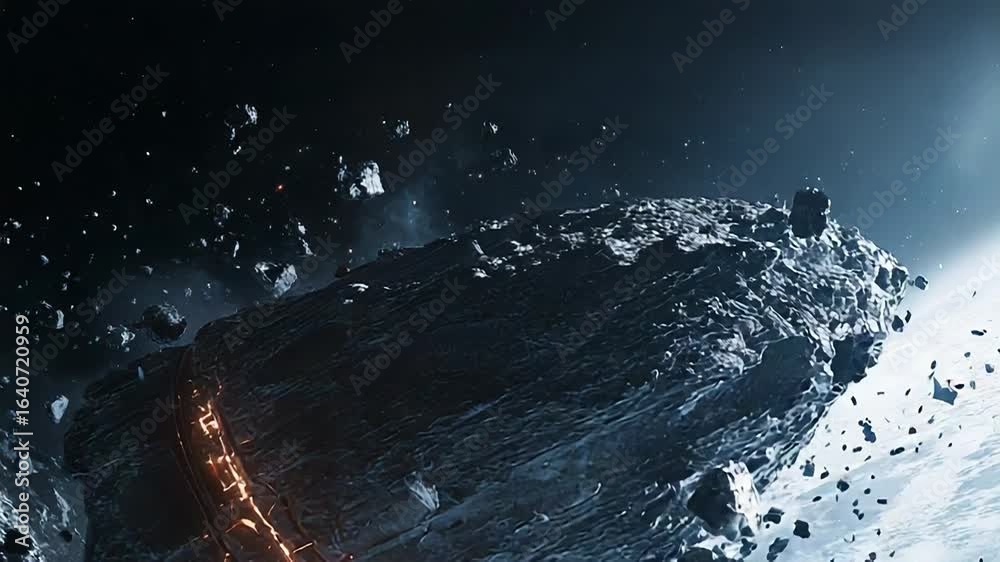Wall mural spaceship mining asteroid belt around frozen planet in outer space