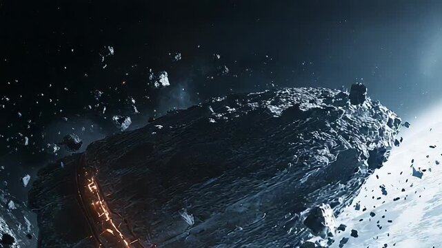 Spaceship mining asteroid belt around frozen planet in outer space