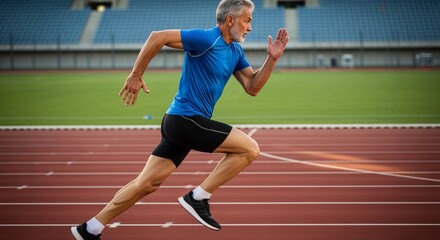 Obraz premium Side view of senior man running fast on stadium.