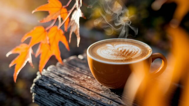 Autumn cup of coffee with leaves