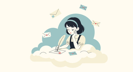 A whimsical illustration of a girl writing a letter with quill in the clouds scene