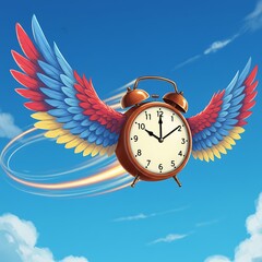 Vibrant red clock flying with rainbow wings