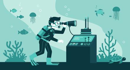 Naklejka premium An underwater explorer using a telescope navigates by a futuristic control panel near coral reefs and diverse marine life