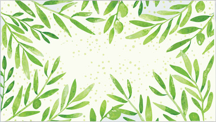 Obraz premium Watercolor painting of green leaves and olives forming a border around a light background space