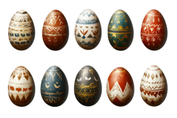 Colorful painted Easter eggs arranged in a unique pattern on a transparent background for festive decoration or craft projects