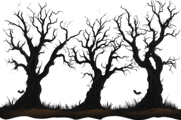 Spooky isolated black trees creating a haunting atmosphere with eerie branches and bats on a transparent background
