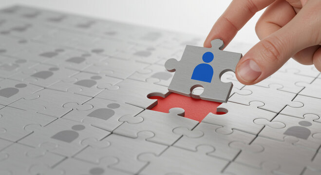 Recruitment and Selection Process with Puzzle Piece representing Candidate Being Placed into Open Position Concept of Finding the Right Employee