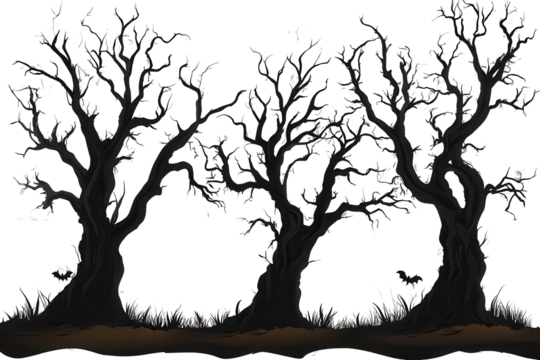 Spooky isolated black trees creating a haunting atmosphere with eerie branches and bats on a transparent background