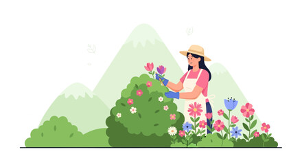 Fototapeta premium A woman wearing a hat tending to blooming flowers in her garden with mountains behind her in spring season vector illustration
