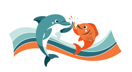 Animated Ocean Pals High Five Amidst Wavy Water Cartoon Illustration