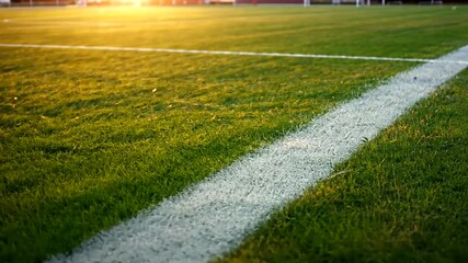 Close-up view of a well-maintained soccer field during sunset, highlighting the vibrant grass and white line markings - Powered by Adobe
