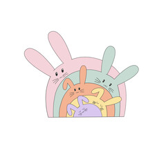 Groovy retro rainbow made of colorful Easter bunnies in a whimsical kawaii cartoon style vector illustration isolated on white. Perfect for Easter greeting cards, kids room decor, nursery prints, baby
