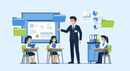 Animated scene of a teacher lecturing students in classroom about data and digital transformation
