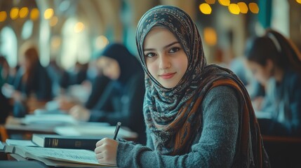 Young Woman in Headscarf Studying in Library Setting