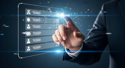 Professional hand ticking off checklist items on a futuristic digital interface with glowing effects