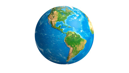 Fototapeta premium A detailed 3D illustration of a blue and green world globe with continents like Europe, Asia, and America, isolated on a clean white background