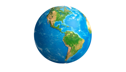 A detailed 3D illustration of a blue and green world globe with continents like Europe, Asia, and America, isolated on a clean white background