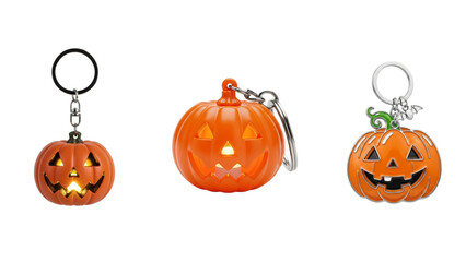  Halloween pumpkin keychains are displayed against a white background. One keychain has an orange pumpkin, while the other has a brown pumpkin with a more traditionally carved appearance.

