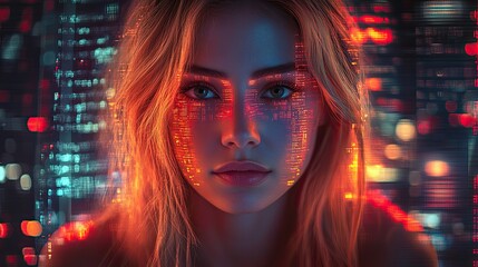 Woman with digital code illuminated on her face