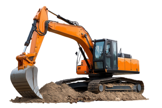 Excavator working on construction site preparing ground for building foundation during sunny day with clear visibility and minimal obstruction