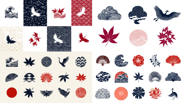Elegant Japanese traditional motifs including cranes, maple leaves, waves, and clouds in classic red, blue, and white colors, inspired by ukiyo-e art.