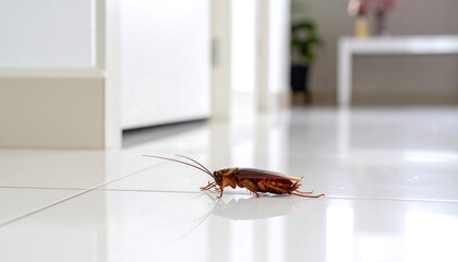 Cockroach on white floor pest control with hygiene concept, and home interior problem.