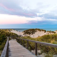 Obraz premium Coastal boardwalk at sunset