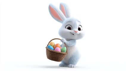 Cute cartoon Easter bunny carrying a basket of eggs