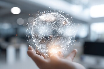 A hand holds a holographic globe, network of lines, and points