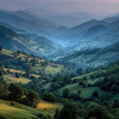 Fototapeta premium Misty mountain valley, lush green hills