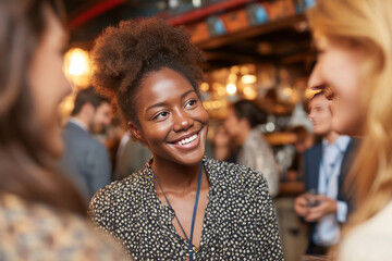 Evening in a casual networking event with small groups talking A young woman connects with other leaders and shares her experiences