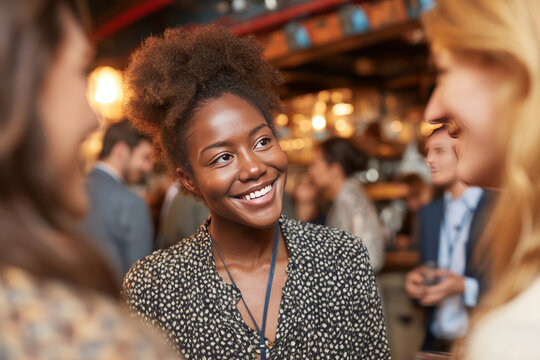 Evening in a casual networking event with small groups talking A young woman connects with other leaders and shares her experiences