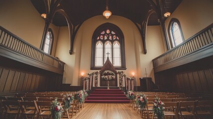 Obraz premium Elegant church interior prepared for a wedding ceremony with floral decorations ready for a