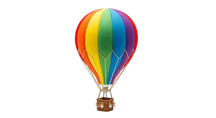 Fototapeta premium Vibrant rainbow hot air balloon ascends with a woven basket, symbolizing adventure, freedom, and colorful journeys ahead.