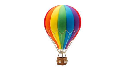 Vibrant rainbow hot air balloon ascends with a woven basket, symbolizing adventure, freedom, and colorful journeys ahead.