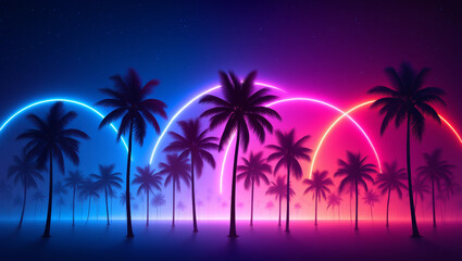 Naklejka premium A dusky coastal landscape under a starry sky. Silhouetted coconut palms stand against fading sunset hues, while distant city lights and neon signs glow along the shore