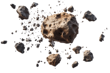 Isolated swarm of asteroids floating in space, showcasing diverse shapes and textures against a transparent background