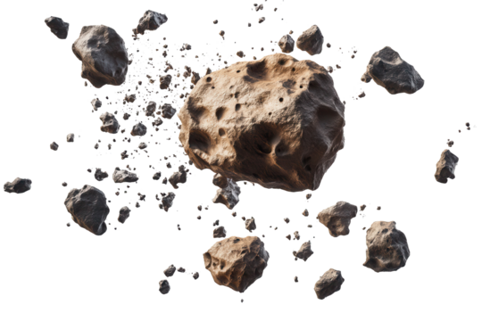 Isolated swarm of asteroids floating in space, showcasing diverse shapes and textures against a transparent background