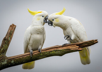 An affectionate pair of Sulphur-crested cockatoos nuzzling on a rustic tree branch against an overcast sky.