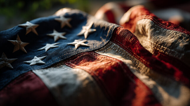 Close up of a crumpled american flag with embroidered stars and visible stitching details