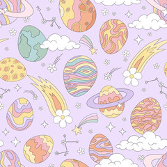 Groovy Cosmic Easter vector seamless pattern with egg shaped planets in retro color scheme, daisy comets, floral constellations in hand drawn cartoon style. Perfect for Easter wrapping paper, kids