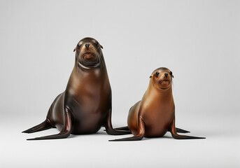 Fototapeta premium An adult and juvenile sea lion pair posing together in a studio portrait. A concept of animal family, companionship, and wildlife.