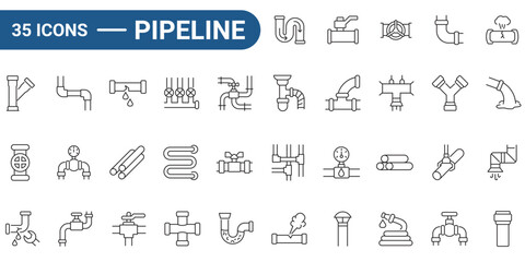 Thirty five pipeline icons with outline style show plumbing components and situations. Suitable for presentations, and educational materials about plumbing systems and maintenance. editable stroke. 