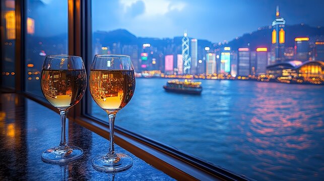 Two Wine Glasses View City Lights Night Scene