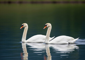 Fototapeta premium A pair of elegant white swans swimming side-by-side on a tranquil lake with beautiful reflections in the water