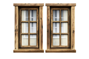Obraz premium Large wooden window frames with transparent panes against a white wall, showcasing simplicity and elegance in design and craftsmanship