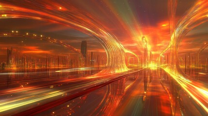 Futuristic city at sunset with glowing energy pathways.