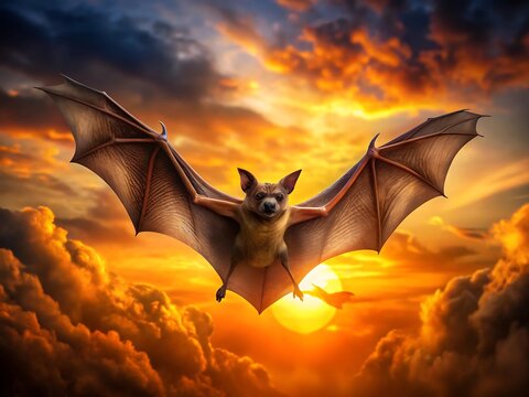 A bat flying in the sky during sunset with orange clouds in the background, fantasy concept